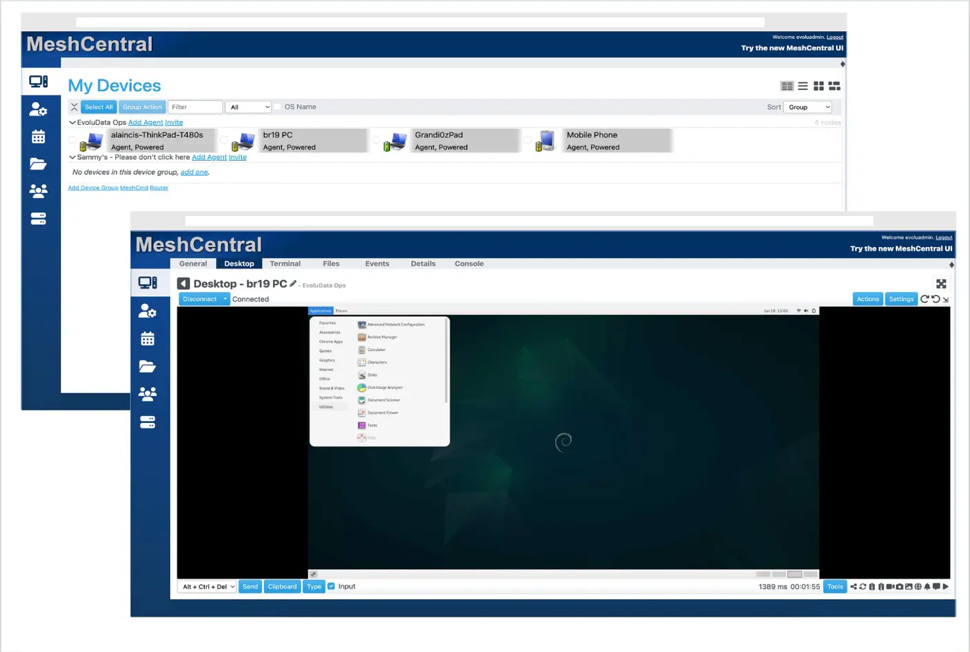 Desktop screenshot of remote access on two devices